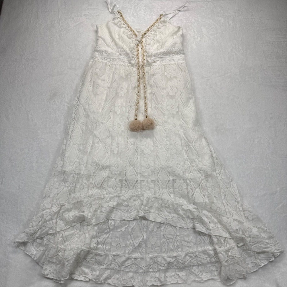 Cupshe White Lace Dress PomPom Tie V Neck Sleeveless Summer Beach Size L